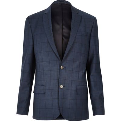 Blue window pane check slim suit jacket